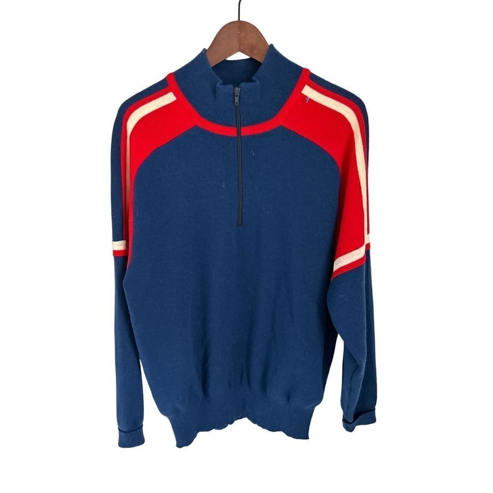 JUN VALLE 100% Wool 1/4 Zip Sweater Pullover Color-block Blue Red Size Med